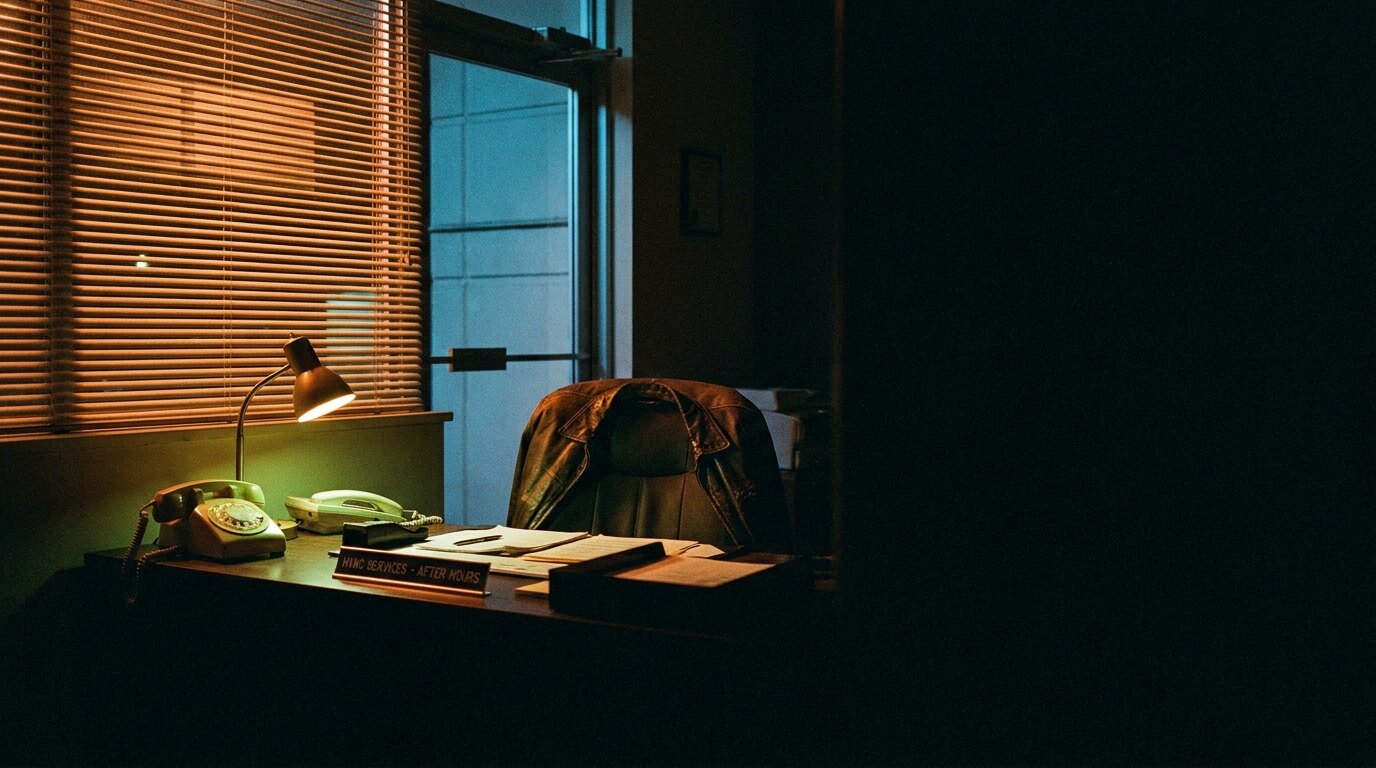An empty reception desk at night, the phone lit, street light through the blinds