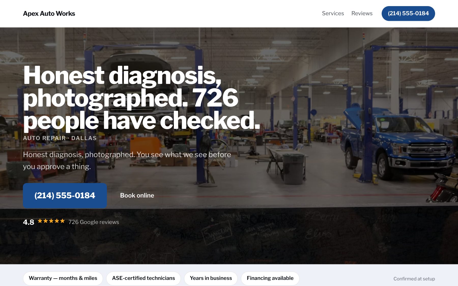 Apex Auto Works — a auto repair · dallas site built by Orabeam